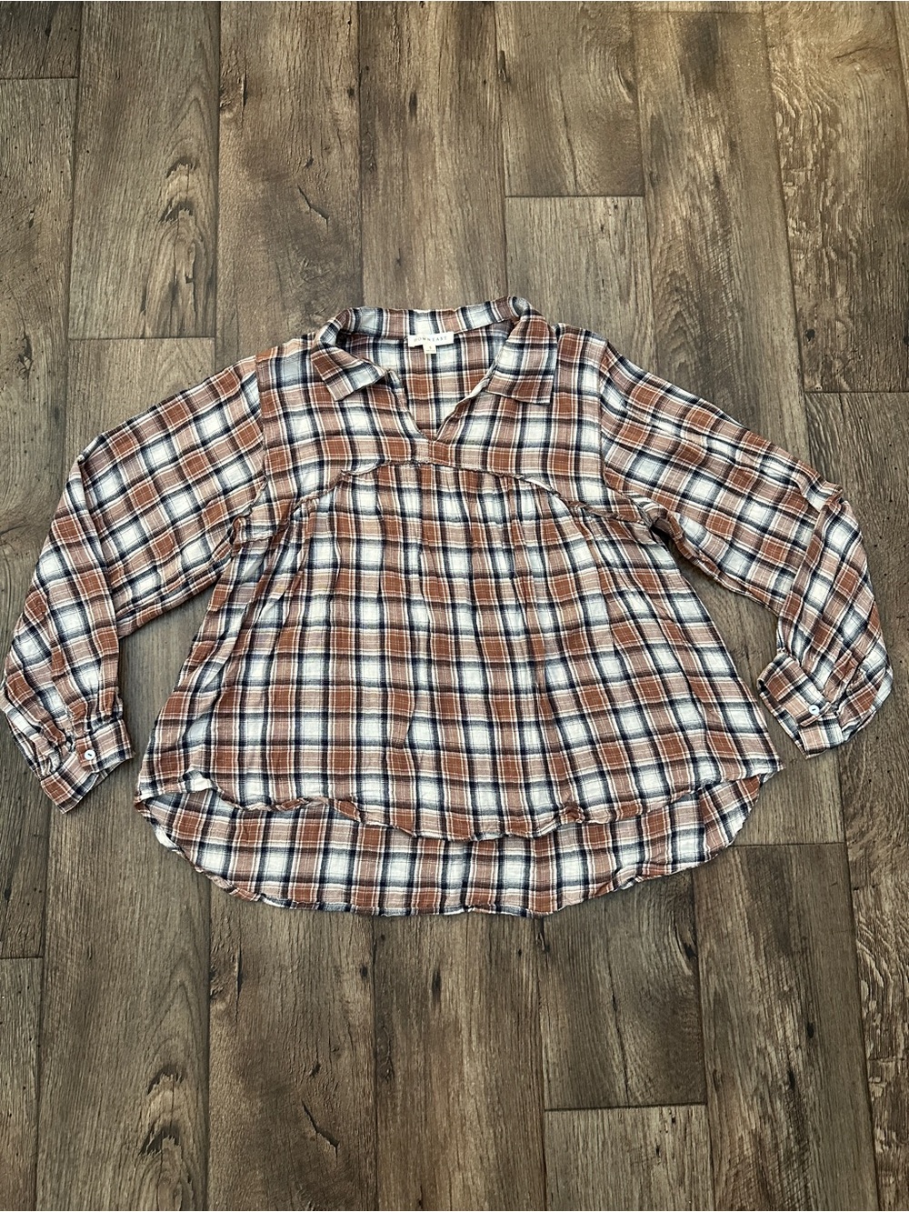 Downeast Babydoll 100% Cotton Western Shirt Top Women’s Size S Plaid Brown
